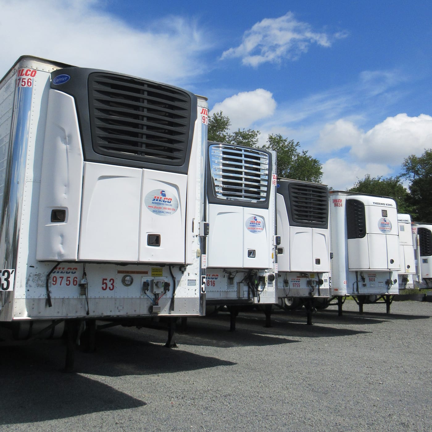 A row of Jilco's refrigerated trailers with Carrier and Thermo King units, parked at the New Jersey facility.
